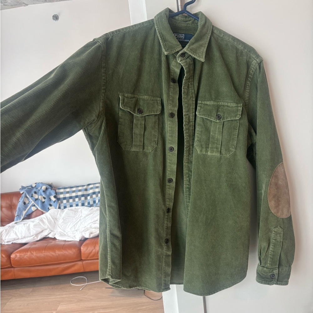 Polo Ralph Lauren Green Corduroy Button Down Shirt suede elbow patches